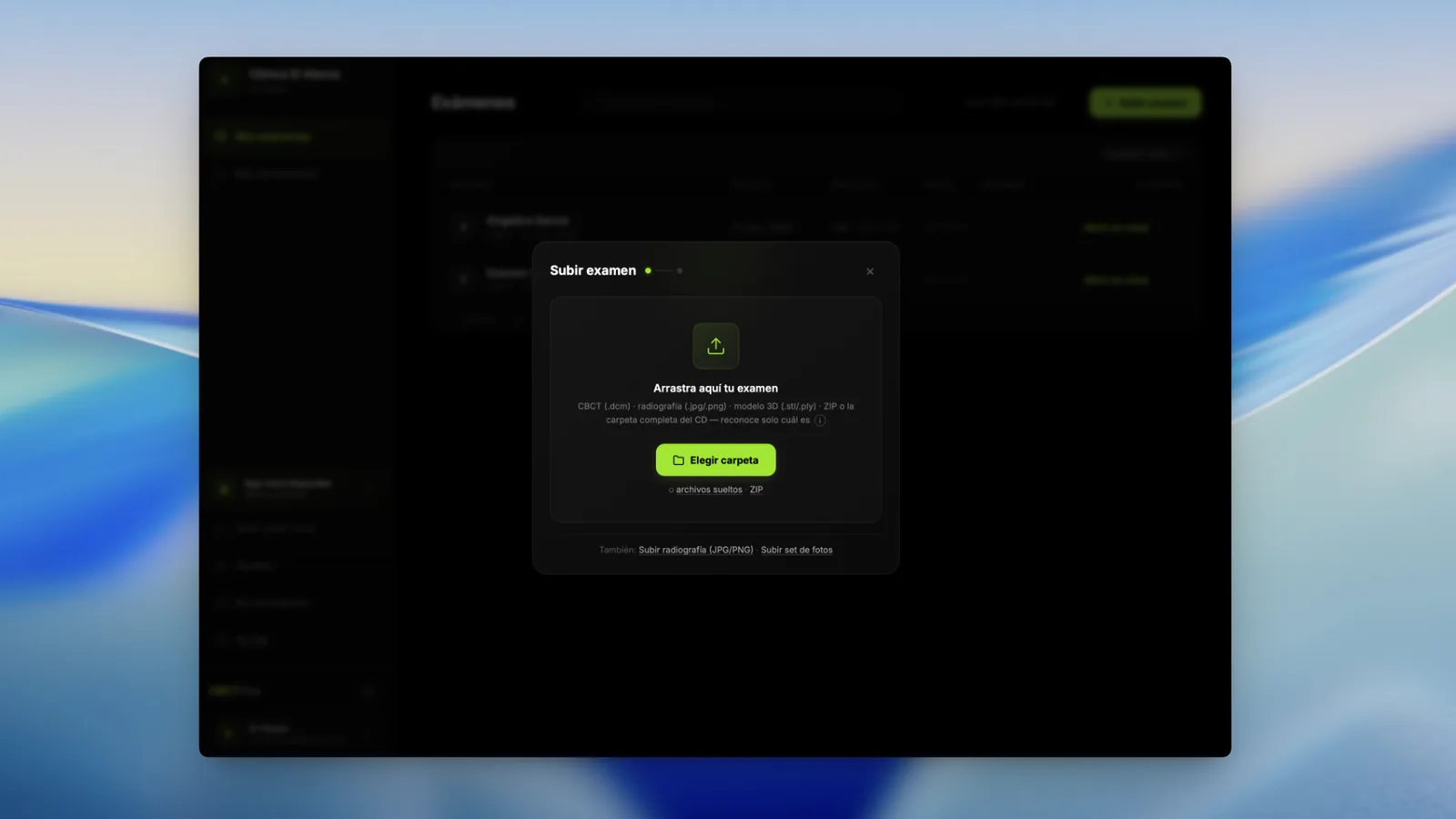 Upload modal with patient fields and drag&drop zone.